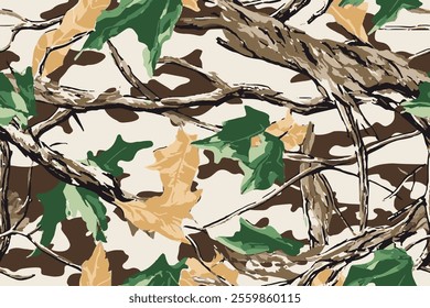 Vector camouflage pattern. Hunting camouflage seamless pattern. Tree barks and leaves hunting camo pattern for accessories.