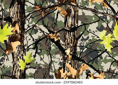 Vector camouflage pattern. Hunting camouflage seamless pattern background. Forest camo. Vector woodland camouflage. Real tree pattern. 
