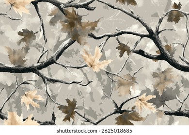 Vector camouflage pattern. Hunting camouflage seamless pattern background.Incorporating branches and leaves for cover in a hunting environment