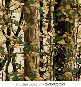 Vector camouflage pattern. Hunting camouflage seamless pattern background. Forest camouflage texture for hunting and military purposes. Real tree pattern. Digital camouflage. Abstract camo