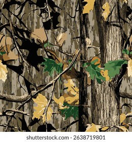 Vector camouflage pattern. Hunting camouflage seamless pattern. Tree barks and leaves hunting camo pattern for accessories.