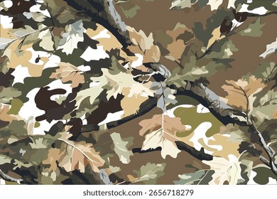 A vector camouflage pattern with an oak tree theme, featuring leaves and branches in earthy tones against a background 