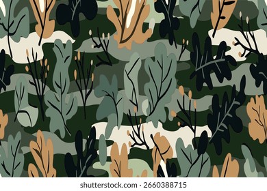 A vector camouflage pattern with an oak tree theme, featuring leaves and branches in earthy tones against a background 