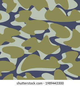 Vector camouflage seamless pattern background. Abstract spots Sea Foam and Green Olive color on dark blue backdrop. Classic Neutral tones for fashion clothes, fabric. Modern Simplicity design.