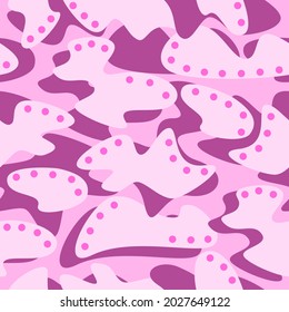 Vector camouflage seamless pattern background in trend bright purple and pastel hot pink color with circle dots. Abstract Geometric shape backdrop. Cute palette for fashion clothes, fabric, print.