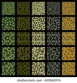 Vector camouflage seamless patterns. Geometric shapes trendy textures 5 color palettes