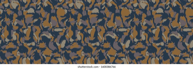 Vector camouflage spots texture banner background. Faux animal skin fabric style. Vector border pattern design. Camo military hide fabric ribbon trim. Melange space dye textile edge .