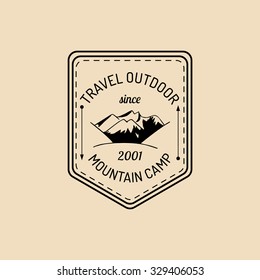 Vector camp logo. Tourism sign with hand drawn mountain landscape. Retro hipster emblem, badge, label of outdoor adventures.