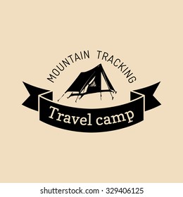 Vector camp logo. Tourism sign with hand drawn travel tent illustration. Retro hipster emblem, badge, label of outdoor adventures.