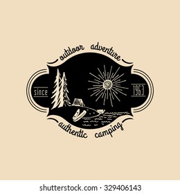 Vector camp logo. Tourism sign with hand drawn lake shore landscape. Retro hipster emblem, badge, label of outdoor adventures.