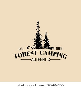 Vector camp logo. Tourism sign with hand drawn spruces illustration. Retro hipster emblem, badge, label of outdoor adventures.