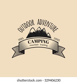 Vector camp logo. Tourism sign with hand drawn mountains. Retro hipster emblem, badge, label of outdoor adventures.
