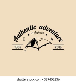 Vector camp logo. Tourism sign with hand drawn tent illustration. Retro hipster emblem, badge, label of outdoor adventures.