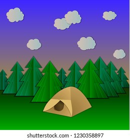 Vector Camp, Paper Art Style Illustration, Sunset Time at the Campsite.