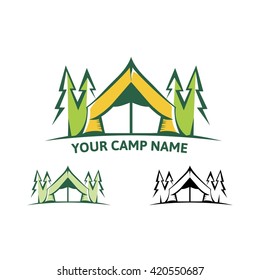 Vector of camp with pine trees. Logo emblems, labels, badges for camping. Forest adventure. Camp vector illustration