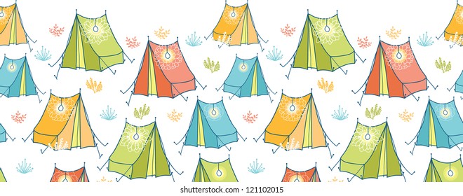 Vector camp tents horizontal seamless pattern background ornament with hand drawn elements.