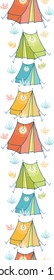 Vector camp tents vertical seamless pattern background ornament with hand drawn elements.