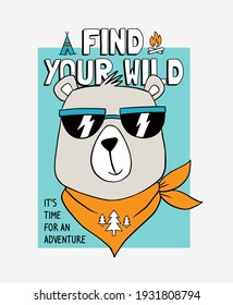 Vector camper bear with text and camping them illustrations. For t-shirt prints, posters and other uses.