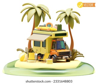 Vector camper van on the beach. Offroad camper on the sandy tropical beach, portable camping chairs, RV with kayak boat on the roof, beach ball and palm trees