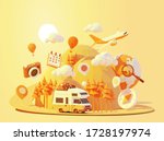 Vector camper van travel summer adventures illustration. Retro caravan road trip. Road between mountains with pine trees, hot air balloons. Summer vacation and tourism in RV. Holiday nostalgia