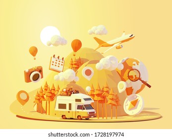 Vector Camper Van Travel Summer Adventures Illustration. Retro Caravan Road Trip. Road Between Mountains With Pine Trees, Hot Air Balloons. Summer Vacation And Tourism In RV. Holiday Nostalgia