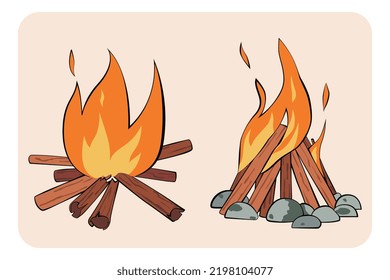 Vector Campfire, Flat Design Cartoon Isolated. Illustration With Outline.