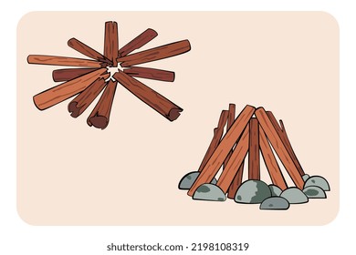 Vector Campfire, Flat Design Cartoon Isolated. Illustration With Outline.