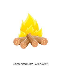 vector campfire icon isolated on white background. Summer camping fire or fireplace with wooden logs