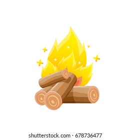 vector campfire icon isolated on white background. Summer camping fire or fireplace with wooden logs