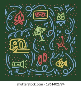 Vector camping background of summer. Children's pattern with a tent Camp and a beach holiday. A doodle-style texture in a vector. Vector illustration