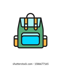 Vector camping backpack, tourist backpack flat color line icon.