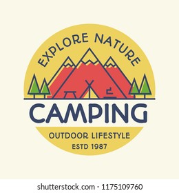 Vector Camping Banner Colorful Style With Mountains, Tent, Fire And Trees For Travel Badge, Tourist Symbol, Explore Emblem, Expedition Label, Hiking Sticker, Climbing, Poster, Kids Camp, Logo. 10 Eps