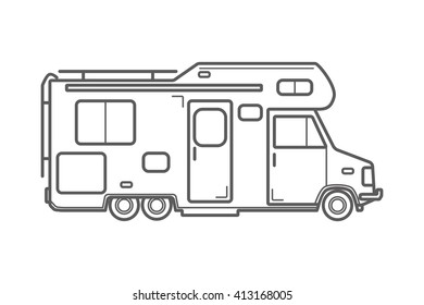 Coche de camping de Vector. Icono del camión de la caravana. Ilustración de la línea Camper van. Aislado en un fondo blanco.