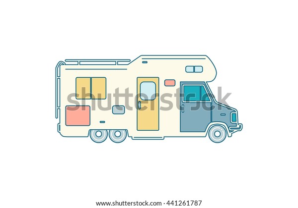 Vector camping car. Caravan truck\
icon. Camper van illustration. Isolated on a white\
background.