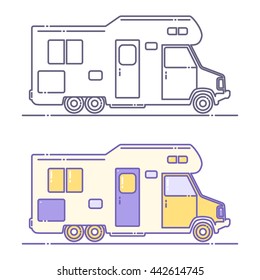 Vector camping cars. Caravan truck icon. Camper van illustration. Isolated on a white background.

