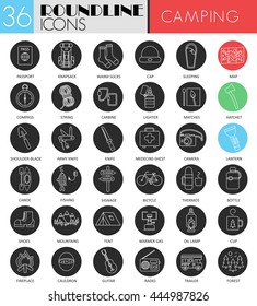 Vector camping circle white black icon set. Modern line black icon design for web