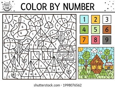 Vector camping color by number activity with trees, van, country house, tents. Summer road trip coloring and counting game. Funny coloration page for kids with nature scenery or camp place
