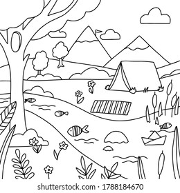 Vector camping coloring page, forest line illustration, children decor. Mountains, forest, river, fishing arts.