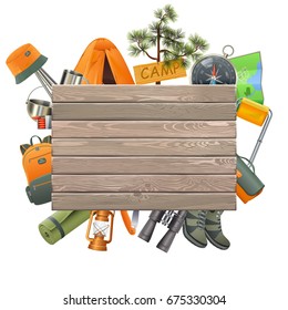 Vector Camping Concept with Wooden Plank