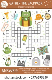 Vector camping crossword puzzle for kids. Simple Summer camp quiz with forest equipment for children. Educational activity with compass, thermos, bag. Gather the backpack cross word.  
