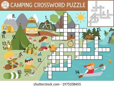 Vector camping crossword puzzle. Simple Summer camp quiz with forest scene for children. Educational activity with kids fishing, hiking, playing guitar. Cross word with woodland scenery.  

