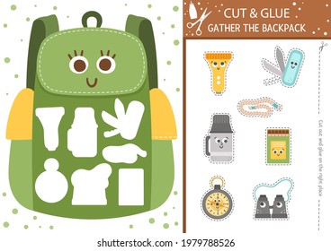 Vector camping cut and glue activity. Summer camp educational crafting game with cute kawaii backpack. Fun page for kids. What goes to hiking bag printable worksheet