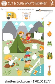 Vector camping cut and glue activity. Summer camp educational crafting game with cute scene with kids in the forest. Fun printable worksheet for children. What is missing page. Complete the picture

