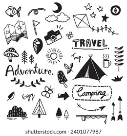 Vector - Camping doodle set, camp elements, hand drawing art outdoor or adventure concept.