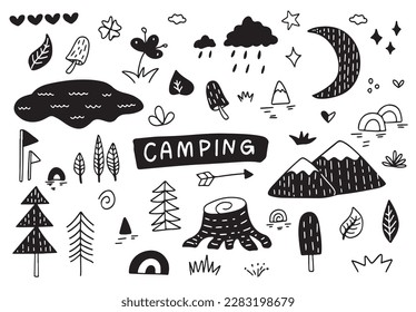 Vector - camping doodle set, outdoor or picnic concept, hand drawing on on white background, outdoor elements.