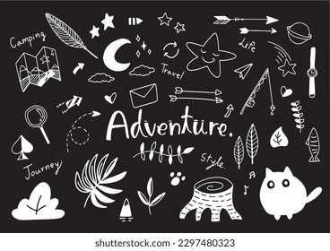 Vector - camping doodle set, outdoor or picnic concept, hand drawing on on black background, Adventure elements.