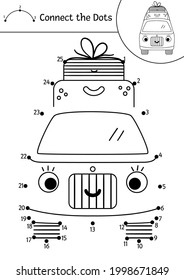 Vector camping dot-to-dot and color activity with cute kawaii tourist van with suitcases. Summer camp connect the dots game for children with car. Funny adorable road trip coloring page for kids