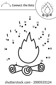 Vector camping dot-to-dot and color activity with cute fire on logs. Summer camp connect the dots game for children. Funny adorable road trip coloring page for kids