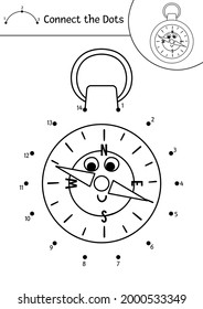 Vector camping dot-to-dot and color activity with cute kawaii tourist compass. Summer camp connect the dots game for children. Funny adorable road trip coloring page for kids