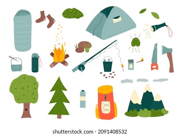 Vector camping, hiking set in flat style isolated on white background. Hand-drawn illustration with a campfire, tent, fishing rod, tourist backpack.
